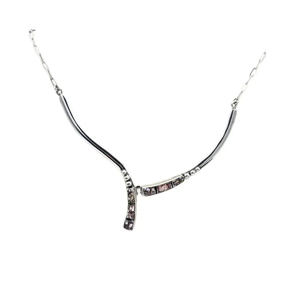 Rare Vtg Estate Sterling Silver Navajo Link Necklace Inlaid Wild Horse Magnesite